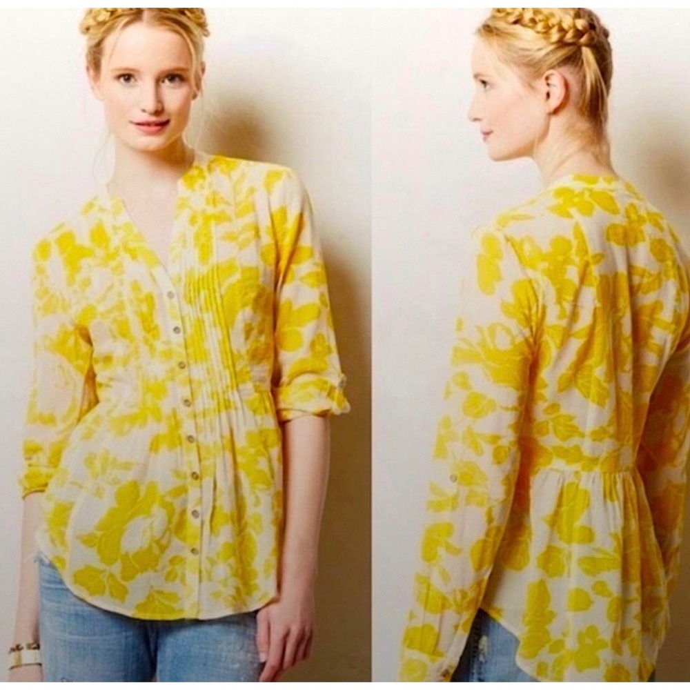 Maeve Floral Pintuck‎ Peplum Blouse 12 Yellow Cottagecore Boho Button Down